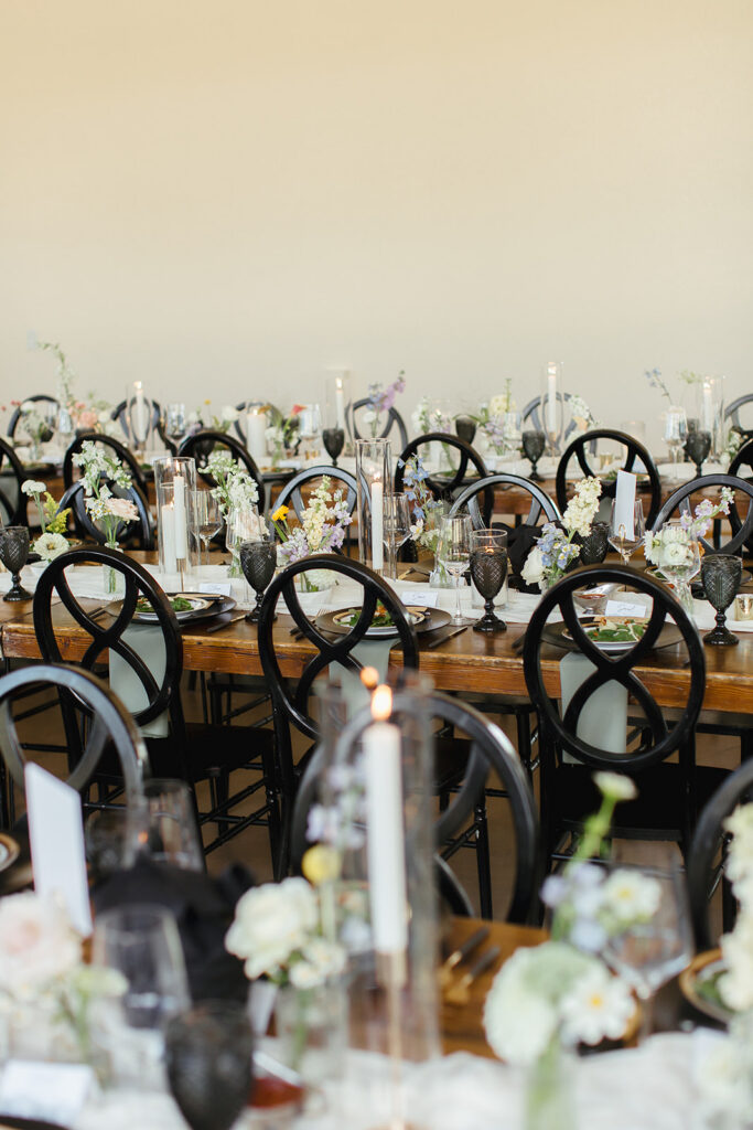 Dinner decor setup at Pikes Peak Ranch. Planning and design by Jaybird Weddings & Events. Photo by Jordan Katz.